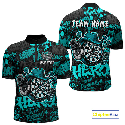 Black & Teal Graffiti Dartboard Cowboy Gun Men Darts Polo 1/4 Zip Shirts Custom Darts Team Jersey NYN4086