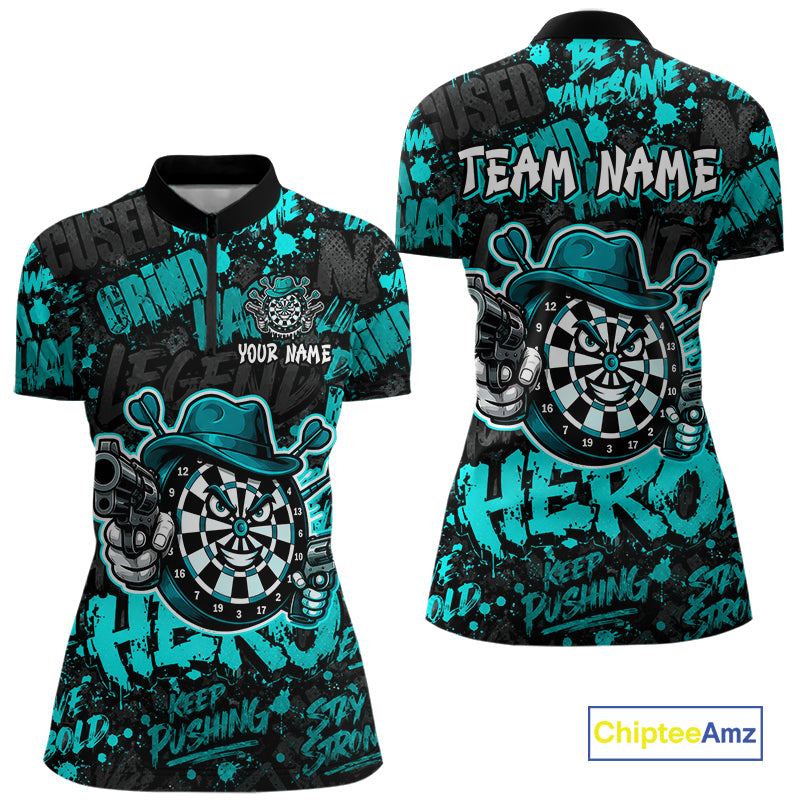 Black & Teal Graffiti Dartboard Cowboy Gun Women Darts Polo 1/4 Zip Shirts Custom Darts Team Jersey NYN4086