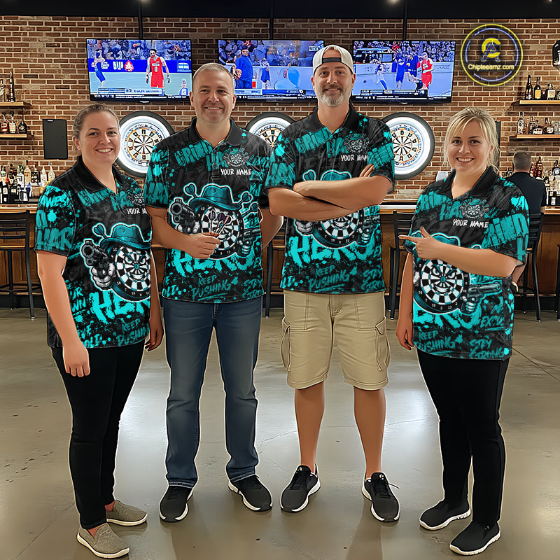 Black & Teal Graffiti Dartboard Cowboy Gun Men Darts Polo 1/4 Zip Shirts Custom Darts Team Jersey NYN4086