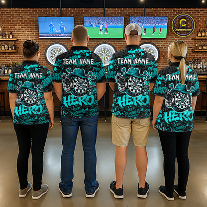 Black & Teal Graffiti Dartboard Cowboy Gun Men Darts Polo 1/4 Zip Shirts Custom Darts Team Jersey NYN4086