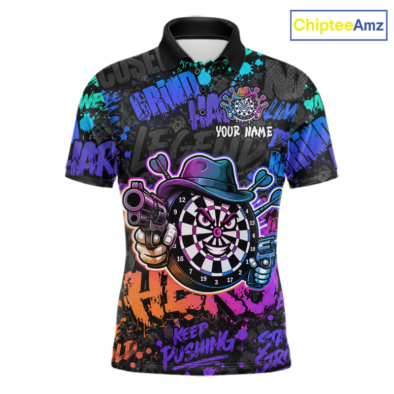 Black And Colorful Graffiti Dartboard Cowboy Gun Men Darts Polo 1/4 Zip Shirts Custom Darts Team Jersey NYN4087