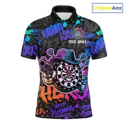 Black And Colorful Graffiti Dartboard Cowboy Gun Men Darts Polo 1/4 Zip Shirts Custom Darts Team Jersey NYN4087