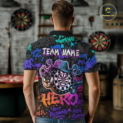Black And Colorful Graffiti Dartboard Cowboy Gun Men Darts Polo 1/4 Zip Shirts Custom Darts Team Jersey NYN4087