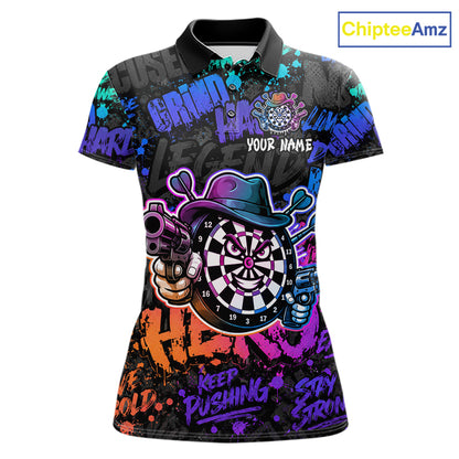 Black And Colorful Graffiti Dartboard Cowboy Gun Women Darts Polo 1/4 Zip Shirts Custom Darts Team Jersey NYN4087