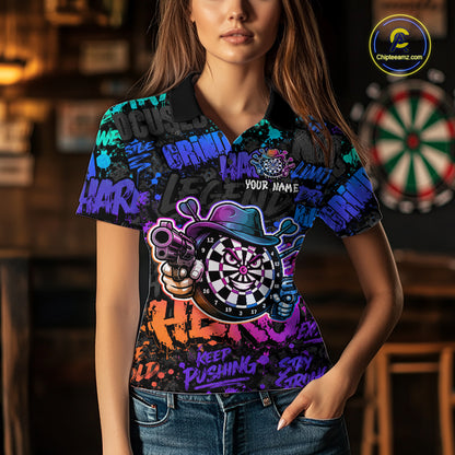 Black And Colorful Graffiti Dartboard Cowboy Gun Women Darts Polo 1/4 Zip Shirts Custom Darts Team Jersey NYN4087