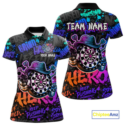 Black And Colorful Graffiti Dartboard Cowboy Gun Women Darts Polo 1/4 Zip Shirts Custom Darts Team Jersey NYN4087