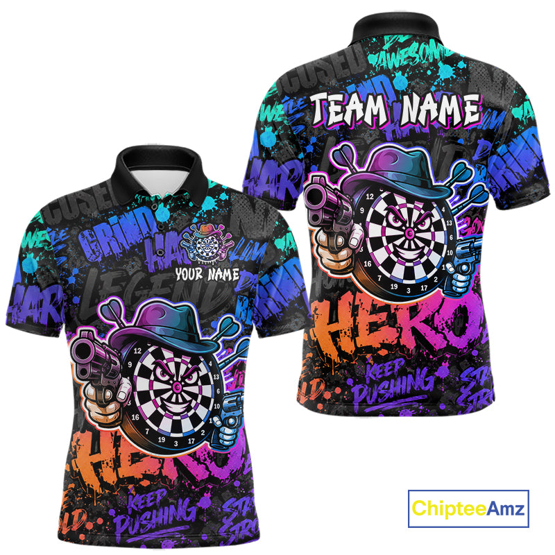 Black And Colorful Graffiti Dartboard Cowboy Gun Men Darts Polo 1/4 Zip Shirts Custom Darts Team Jersey NYN4087