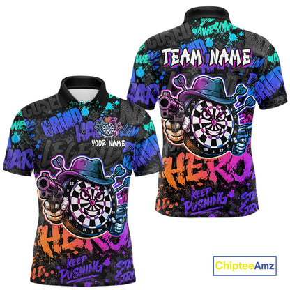 Black And Colorful Graffiti Dartboard Cowboy Gun Men Darts Polo 1/4 Zip Shirts Custom Darts Team Jersey NYN4087