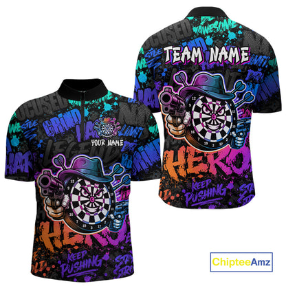 Black And Colorful Graffiti Dartboard Cowboy Gun Men Darts Polo 1/4 Zip Shirts Custom Darts Team Jersey NYN4087