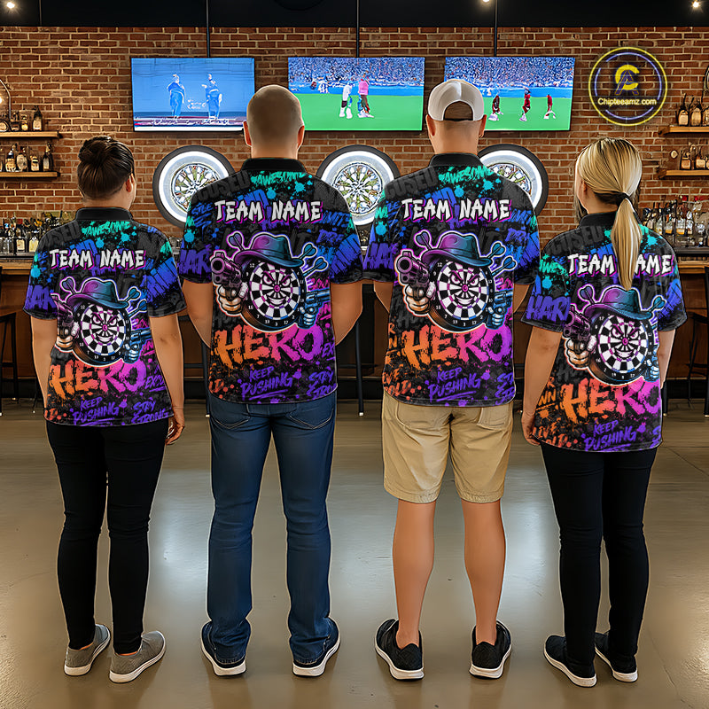 Black And Colorful Graffiti Dartboard Cowboy Gun Men Darts Polo 1/4 Zip Shirts Custom Darts Team Jersey NYN4087