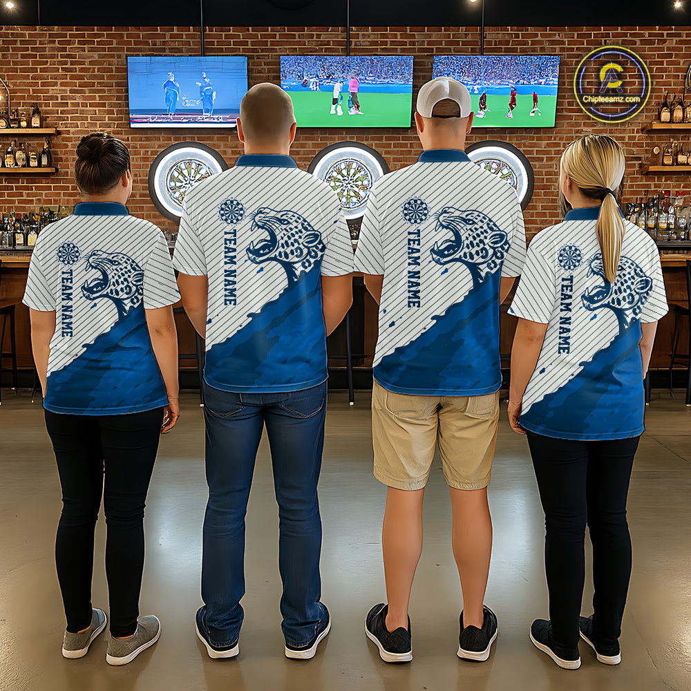 Personalized White And Blue Striped Leopard Darts Polo Shirts For Women Dart Team Jerseys NYN2198