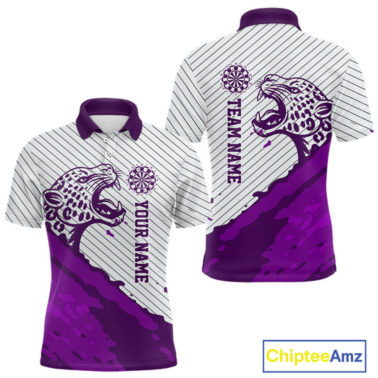 Personalized White And Purple Striped Leopard Darts Polo Shirts For Men Dart Team Jerseys NYN2199
