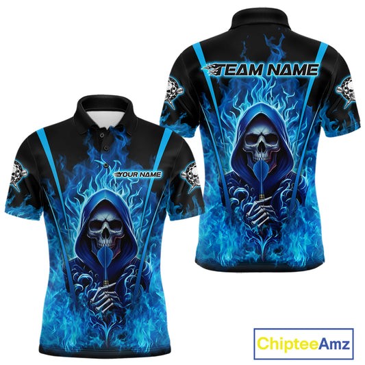 Personalized Blue Flaming Grim Reaper Men Darts Polo League Shirts Outfits Dart Jerseys NYN2208