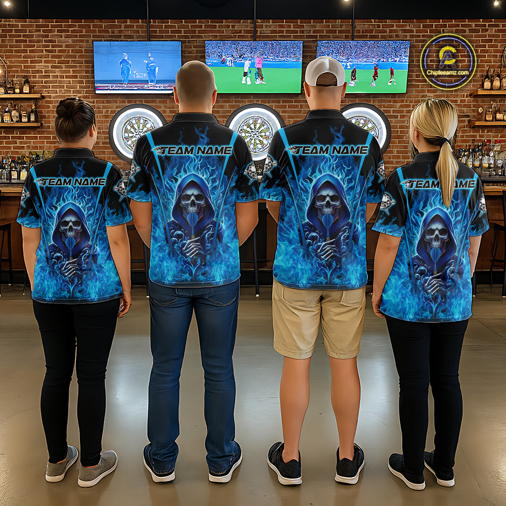 Personalized Blue Flaming Grim Reaper Men Darts Quarter-Zip League Shirts Outfits Dart Jerseys NYN2208