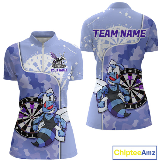Custom Funny Bee Purple Camouflage Women Darts Quarter-Zip League Shirts Splatter Dart Jerseys NYN2210
