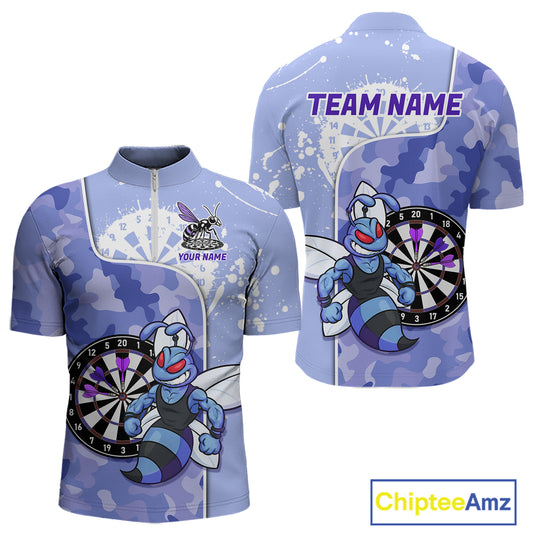 Custom Funny Bee Purple Camouflage Men Darts Quarter-Zip League Shirts Splatter Dart Jerseys NYN2210