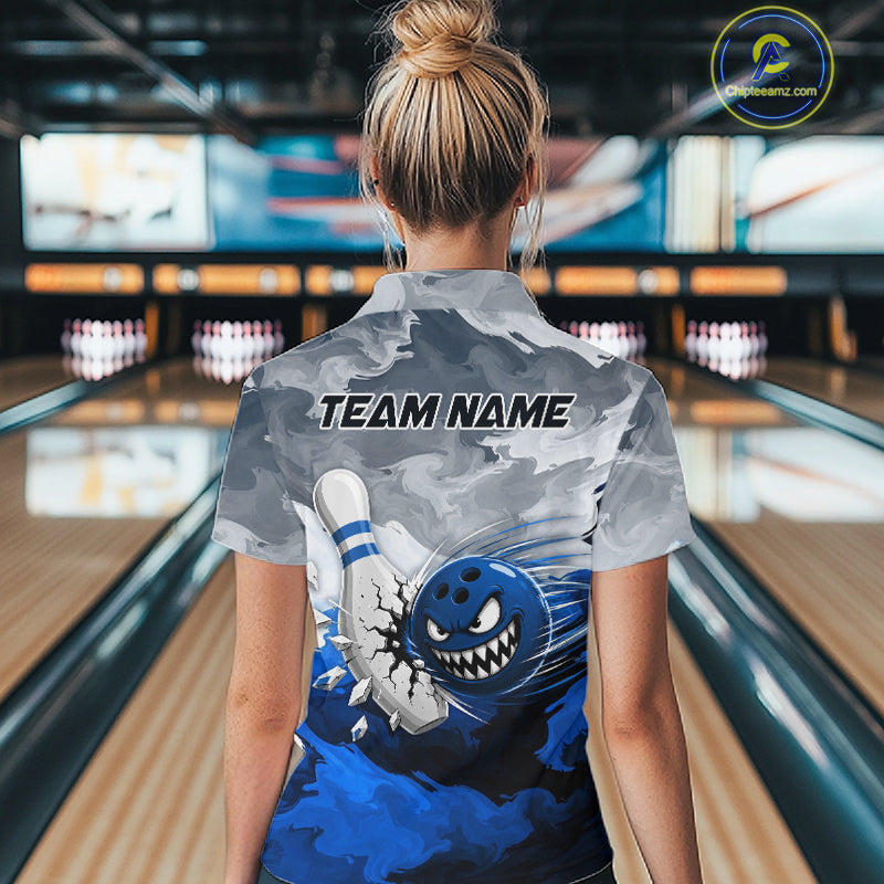 White Blue Funny Cracked Pins & Ball Bowling Shirt For Women Custom Outfit Team Bowling Jersey NYN3234