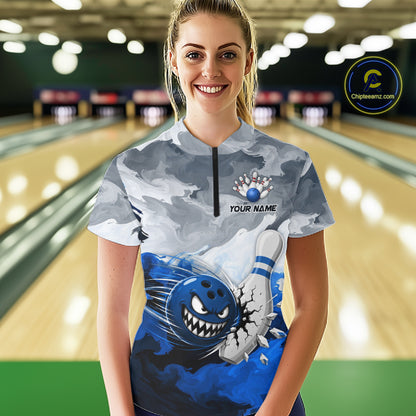 White Blue Funny Cracked Pins & Ball Bowling Shirt For Women Custom Outfit Team Bowling Jersey NYN3234