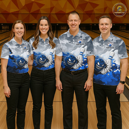 White Blue Funny Cracked Pins & Ball Bowling Shirt For Men Custom Outfit Team Bowling Jersey NYN3234