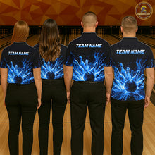 Load image into Gallery viewer, Women's bowling team wearing Blue Flames thunder lightning bowling uniforms and custom bowling jerseys