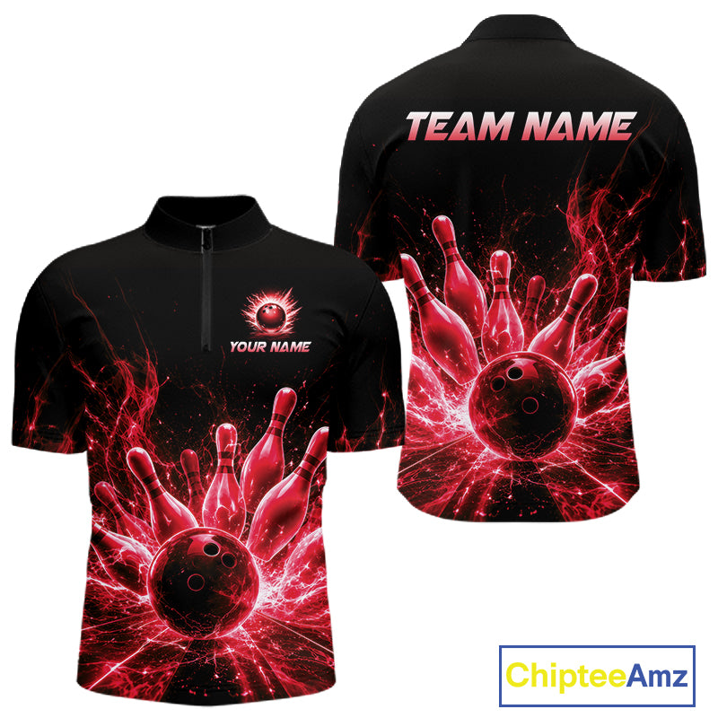 Red Flames Bowling Ball and Pins men's quarter zip bowling shirt custom bowling league apparel