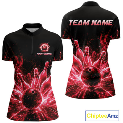 Red Flames Bowling Ball and Pins women's quarter zip bowling shirt custom bowling league apparel
