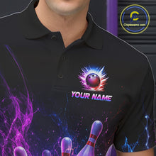 Load image into Gallery viewer, Male bowler wearing Colorful Flames Bowling Ball and Pins bowling jersey during tournament bowling event