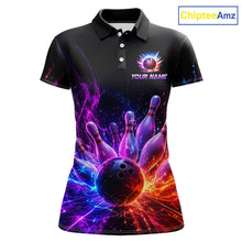 Load image into Gallery viewer, Colorful Flames Bowling Ball and Pins women's bowling polo shirt custom bowling team jersey, vibrant bowling apparel