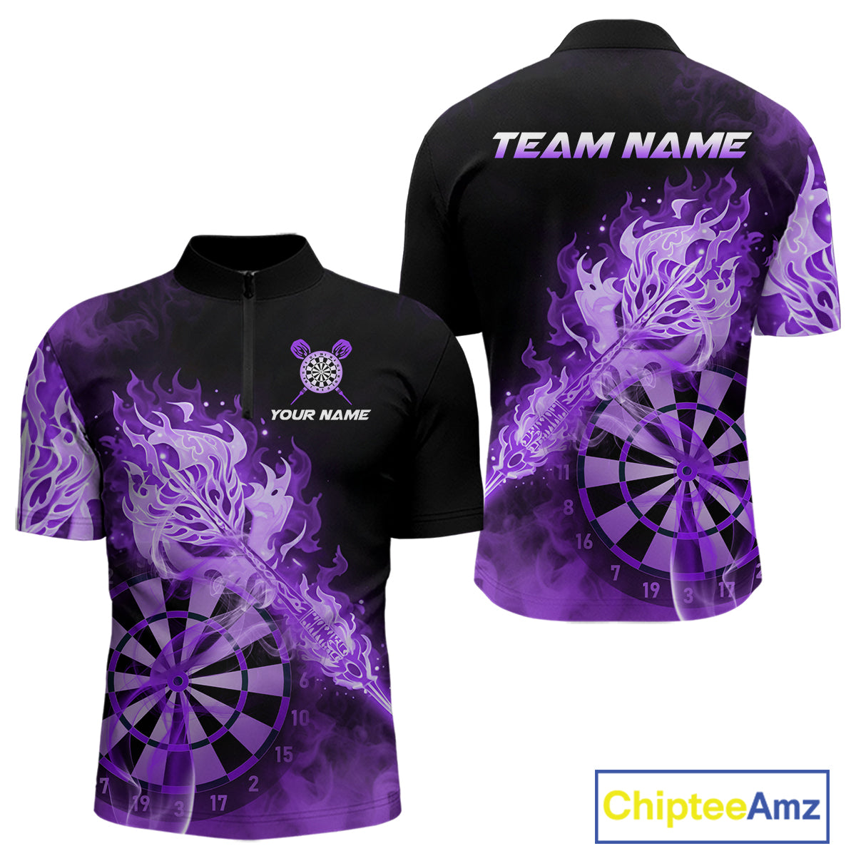 Custom Smoke Purple Fire Flaming Dart Arrow Men Darts Quarter-Zip League Shirts Dart Team Jerseys NYN2214