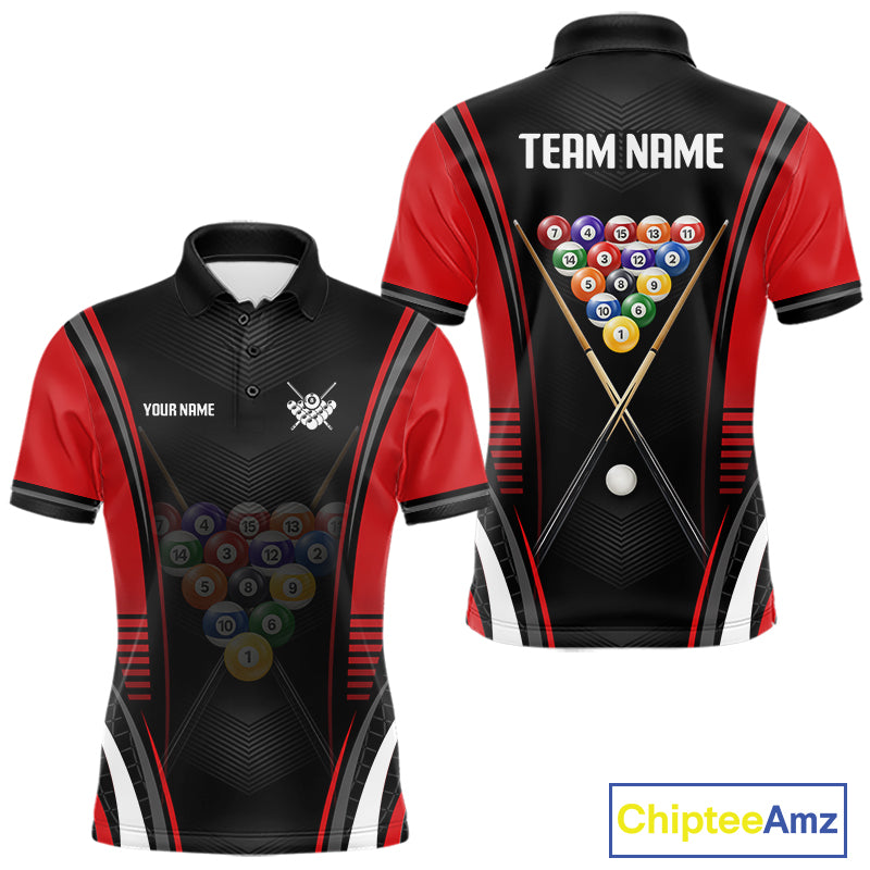 Black & Red Billiard Polo with personalized player name, custom pool team graphics, breathable tournament jersey, professional cue sports apparel, league champion clothing, custom sports uniform.