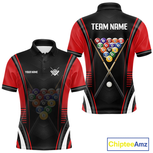 Black & Red Billiard Polo with personalized player name, custom pool team graphics, breathable tournament jersey, professional cue sports apparel, league champion clothing, custom sports uniform.