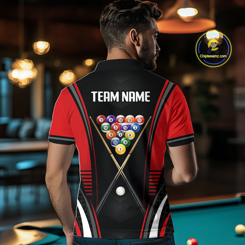Male billiards player modeling Black & Red custom pool jersey, professional cue sports fashion, victory mindset, leadership symbolism, tournament-ready athletic apparel.