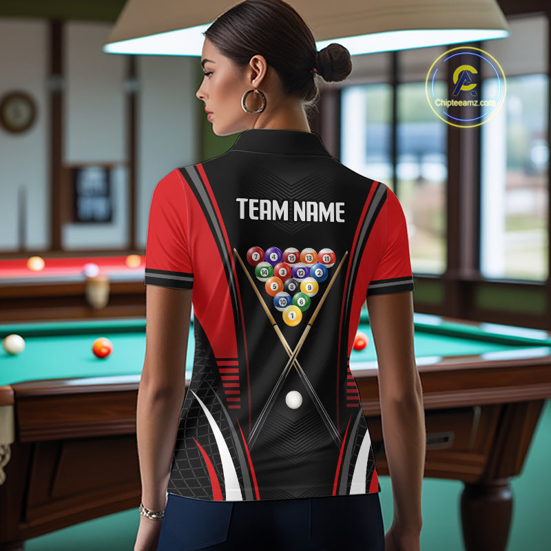 Female pool player posing in a modern billiard hall wearing Black & Red team jersey, personalized cue sports apparel, confidence, determination, teamwork, competitive championship lifestyle.