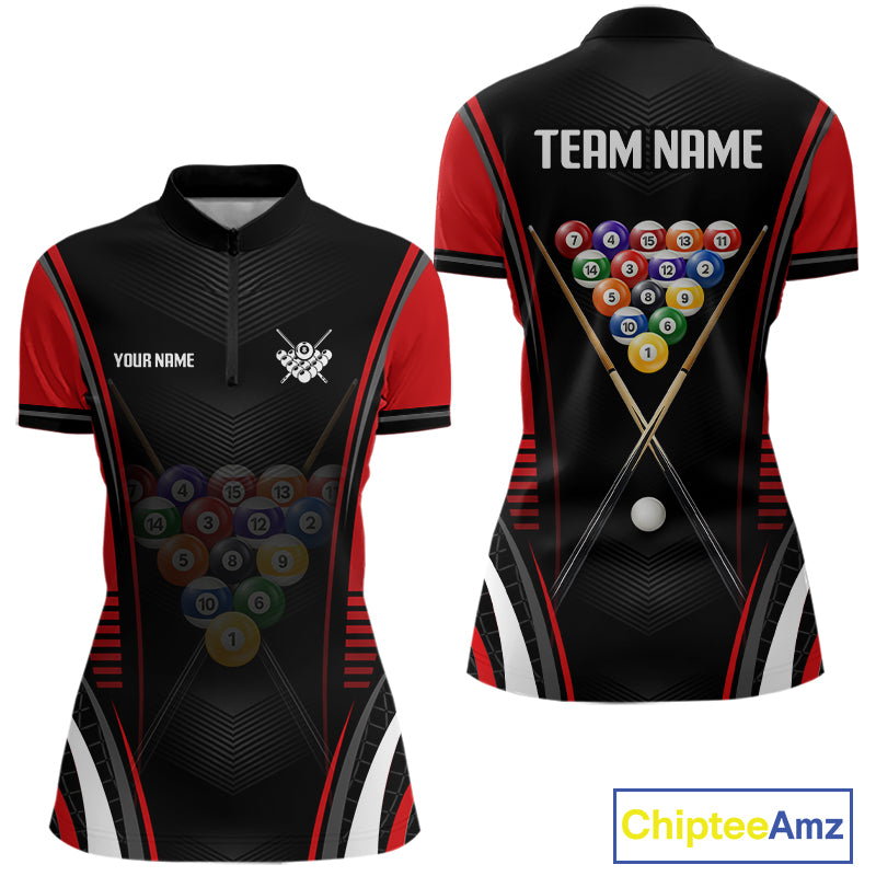 Black & Red Quarter-Zip Billiard Shirt featuring personalized team logo, quick-dry athletic fabric, custom pool tournament jersey, performance cue sports apparel, modern championship sportswear.