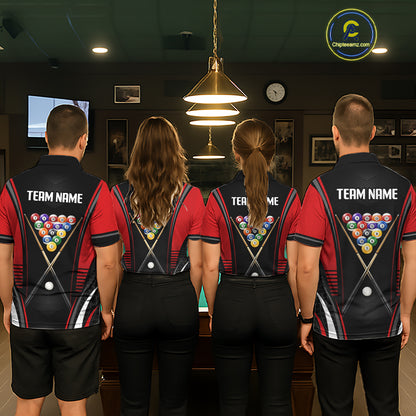 Professional billiard team wearing matching Black & Red jerseys with personalized names, league uniforms, corporate team building apparel, championship clothing, teamwork, leadership, success, cue sports community.