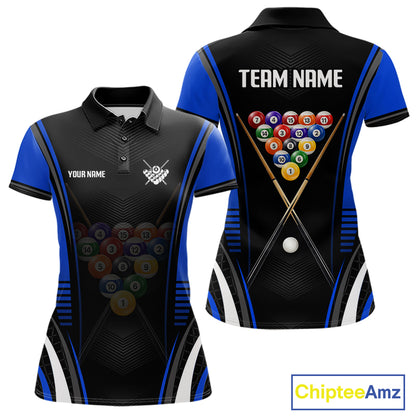 Black & Blue Billiard Polo featuring personalized pool team graphics, breathable athletic polo, custom 8 Ball tournament jersey, pool league apparel, professional cue sports clothing, modern sportswear.
