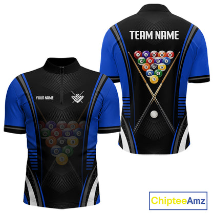 Black & Blue Quarter-Zip Pool Jersey with personalized graphics, custom tournament apparel, athletic performance clothing, championship sportswear.