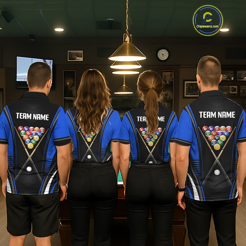 Pool team wearing matching Black & Blue uniforms, personalized team names, pool tournament apparel, esports-inspired sportswear, teamwork, competitive excellence, modern cue sports fashion.