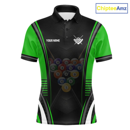 Black & Green Billiard Polo with personalized team graphics, breathable pool tournament shirt, custom billiard apparel, league-ready sportswear.