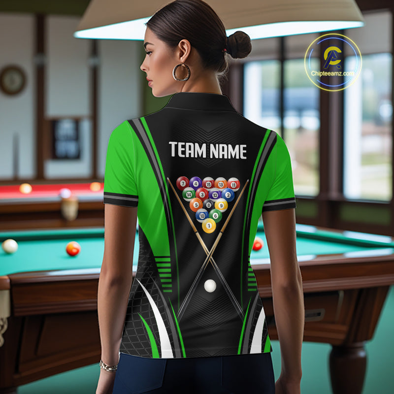 Female player wearing Black & Green billiard jersey representing growth, ambition, confidence and competitive success, custom athletic apparel.