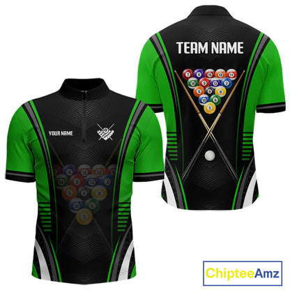 Black & Green Quarter-Zip Pool Shirt featuring personalized team graphics, professional billiard tournament jersey, breathable sportswear.