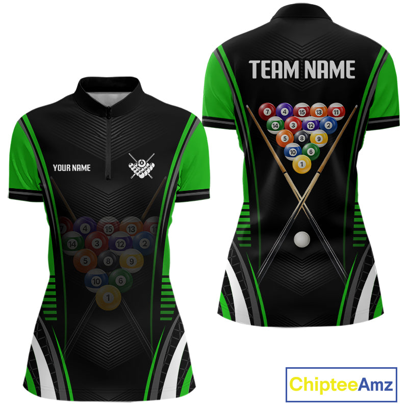 Black & Green Quarter-Zip Billiard Jersey featuring custom player name, quick-dry athletic fabric, performance cue sports clothing, championship apparel.