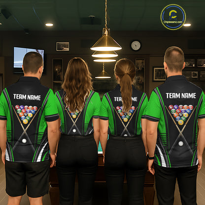 Competitive billiard team wearing matching Black & Green jerseys, professional league uniforms, corporate sports event apparel, teamwork, perseverance, championship spirit.