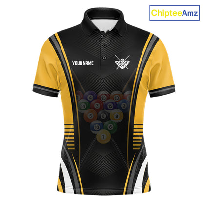 Black & Yellow Billiard Polo featuring personalized player name, custom pool team jersey, breathable tournament apparel, competitive cue sports clothing.