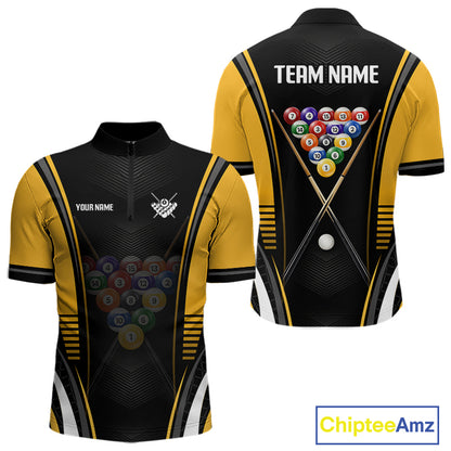 Black & Yellow Quarter-Zip Pool Jersey featuring custom team logo, breathable sportswear, cue sports performance clothing, league uniform.