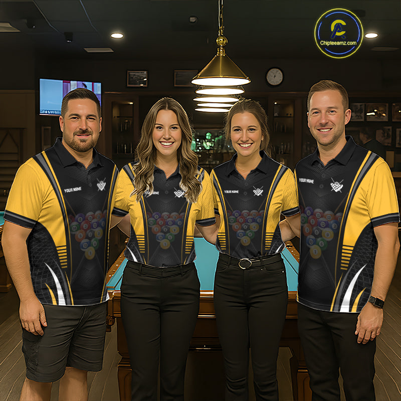 Billiard team wearing matching Black & Yellow jerseys with personalized names, APA tournament apparel, corporate team uniforms, leadership, teamwork, winning culture and sportsmanship.