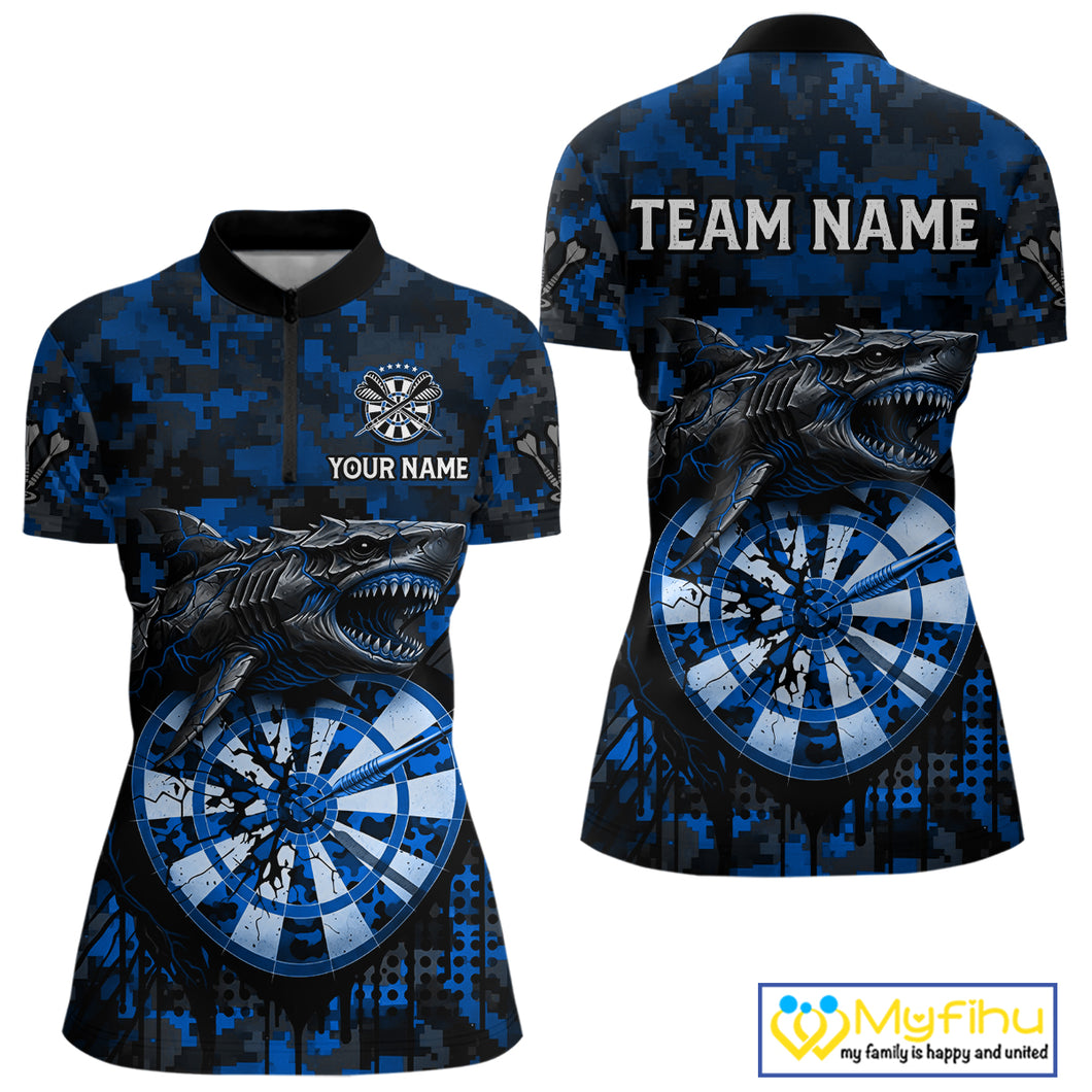Custom Blue Digital Camo Dartboard Horror Shark Darts Quarter-Zip Shirt For Women Dart Gifts NYN1966