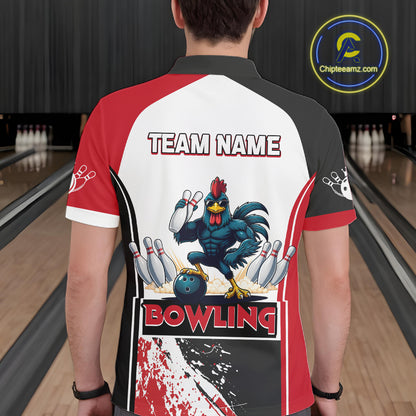Personalized Funny Rooster Bowling Polo & 1/4-Zip Shirts For Men Splatter Bowling Team Jersey NYN2725