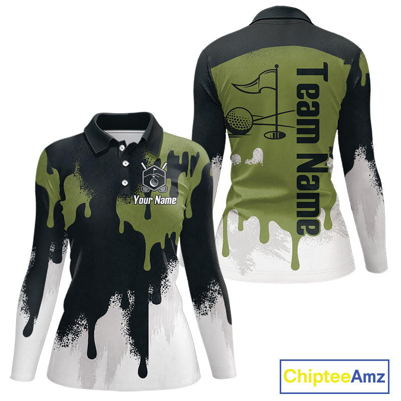 White, Green And Gray Dripping Golf Polo Shirts For Women Personalized Team Name Golf Clothes NYN3251