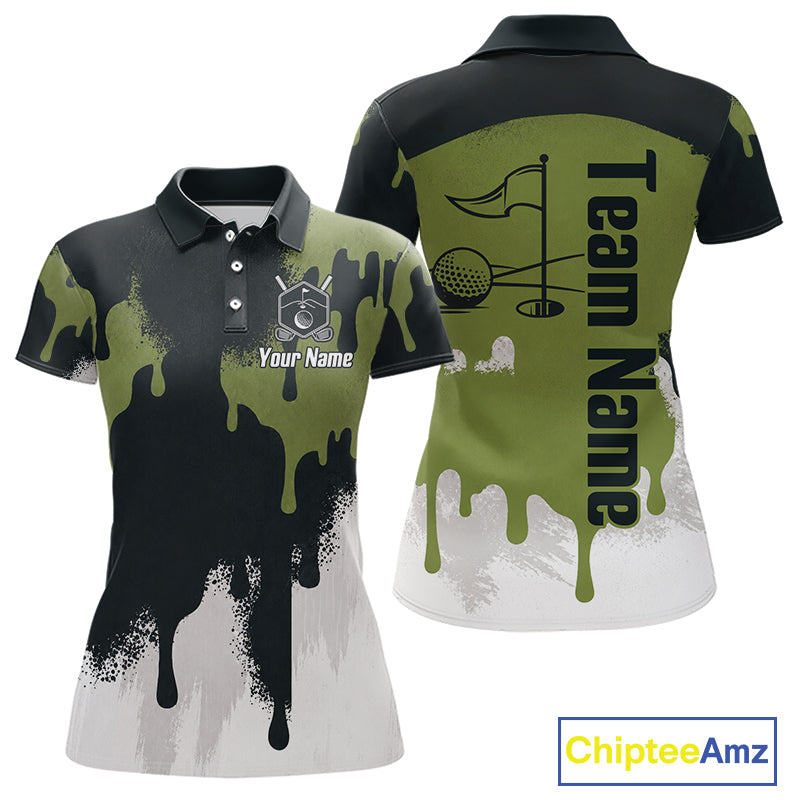 White, Green And Gray Dripping Golf Polo Shirts For Women Personalized Team Name Golf Clothes NYN3251